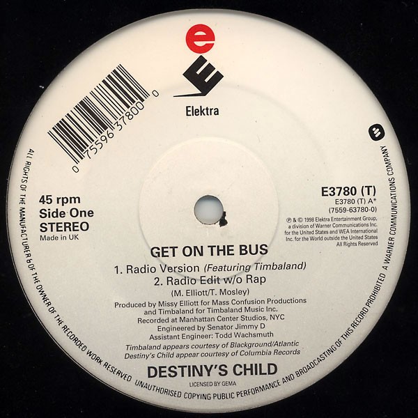 Destinys Child - Get on the bus (Radio Mix featuring Timbaland / Radio Mix without Rap) / Illusions (Destinys Club mix) Vinyl