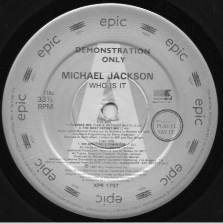Michael Jackson - Who Is It (3 Brothers In Rhythm Mixes / 2 Moby Mixes) Promo 12" Vinyl