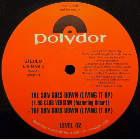 Level 42 featuring Omar - The Sun Goes Down (1998 Club Version / Original Mix / Tin Tin Out Remix) PROMO ONLY Vinyl