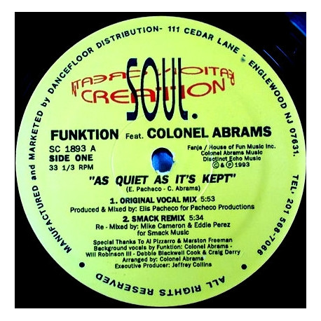 Funktion featuring Colonel Abrams - As Quiet As Its Kept (Original / Smack Remix / Rhythm Mix / K London Posse Dub) 12" Vinyl