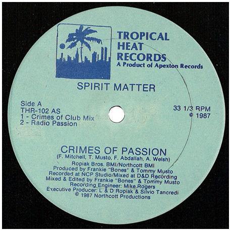 Spirit Matter - Crimes Of Passion (Club Mix / Radio Mix / Dub / Drums) 12" Vinyl Record