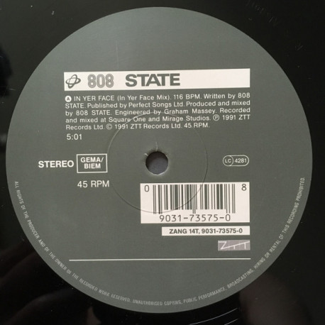 808 State - In Yer Face (In Yer Face Mix) / Leo Leo (feat Raagman) 12" Vinyl Record