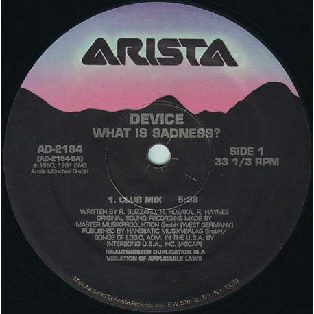 Device - What Is Sadness (Club Mix / Sad Vocal / Sad Instrumental) 12" Vinyl Record