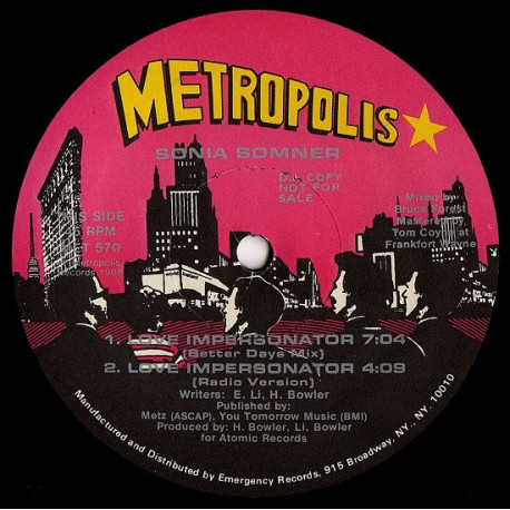 Sonia Somner - Love Impersonator (Danceteria Mix / Acappella / Better Days Mix / Radio Version) US SEALED 12" Vinyl