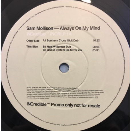 Sam Mollison - Always On My Mind (Southern Cross Illicit Dub / Noel W Sanger Dub / Colour System Inc Silver Vox) 12" Vinyl Promo