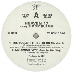 Heaven 17 Featuring Jimmy Ruffin - My Sensitivity (Cover of the Luther classic) / The Foolish Thing To Do (3 Mixes) 12" Vinyl