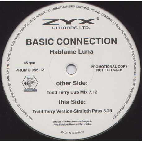 Basic Connection - Hablame Luna (Todd Terry Straight Pass / Todd Terry Dub) 12" Vinyl Promo