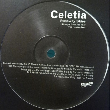 Celetia - Runaway Skies (Stoneys Fresh 4 98 Mix / Stoneys Dub) 12" Vinyl Promo