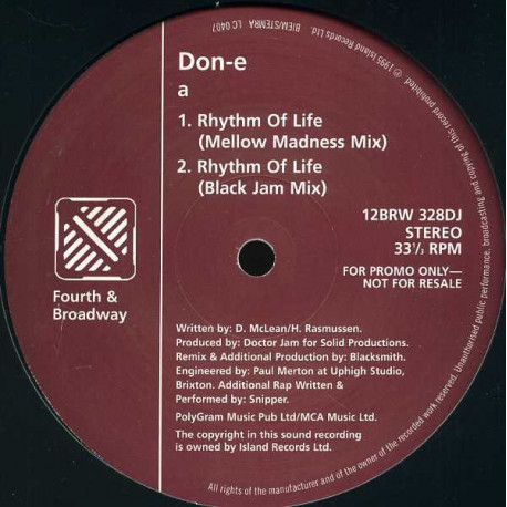 Don E - Rhythm Of Life (Mellow Madness Mix / Black Jam Mix / Original / Harmony Party Mix) 12" Vinyl Record