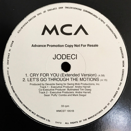 Jodeci - Cry For You (Extended / Radio / Instrumental) / Lets Go Through The Motions (12" Vinyl Promo)