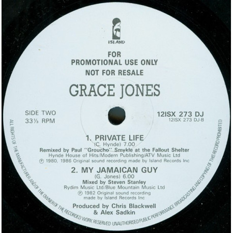 Grace Jones - Private Life (Groucho Mix) / My Jamaican Guy (Extended) / Remix Remask (Froggy Megamix) 12" Vinyl Promo