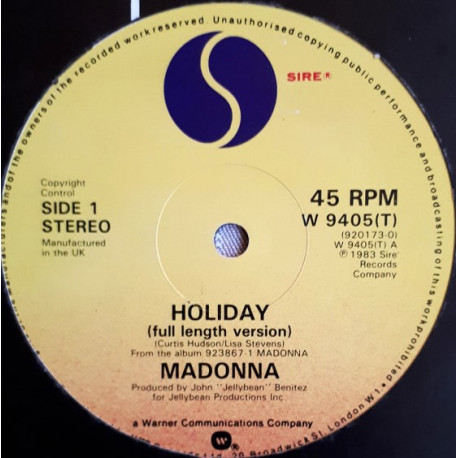 Madonna - Holiday (Full Length) / Think Of Me (12" Vinyl Record)