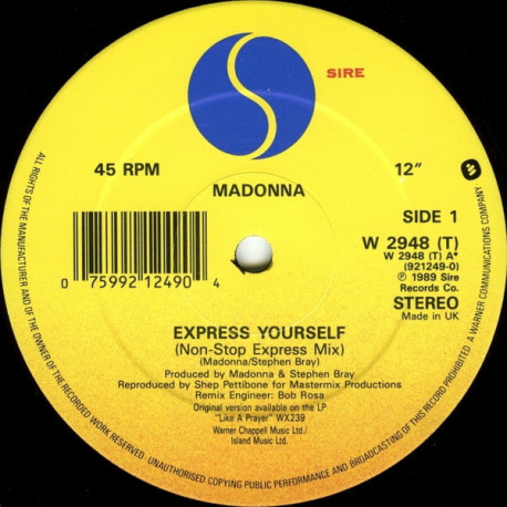 Madonna - Express Yourself (Non Stop Express Mix / Stop & Go Dubs) 12" Vinyl Record