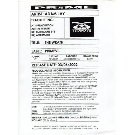 Adam Jay - Premonition / The Wrath / Hurricane Eye / Aftermath (Vinyl Promo)