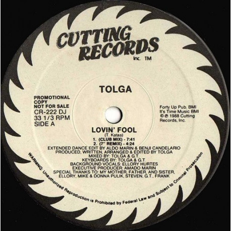 Tolga - Lovin Fool (Club Mix / 7" Mix / Beating Like A Drum Mix / Percappella / Vocal Dub) Vinyl Promo