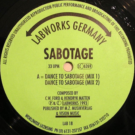 Sabotage - Dance To Sabotage (Mix 1 / Mix 2)  12" Vinyl