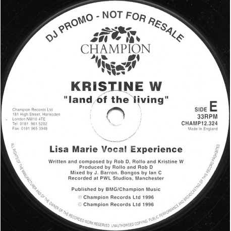 Kristine W - Land Of The Living (Lisa Marie Vocal Experience / Lisa Marie Dub) Vinyl Promo