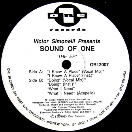 Sound Of One - I Know A Place (Vocal Mix / Instrumental) / Doing (Vocal / Inst) / What I Need (Original / Acappella)