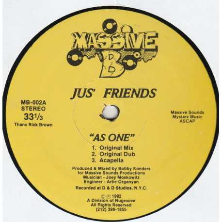 Jus Friends - As One (Remix / Remix Dub / Original Mix / Original Dub / Acappella) 12" Vinyl
