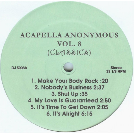 Acapella Anonymous - Vol 8 (Classics) 12 Tracks Inc Player / First Time Ever / Life Is Something Special / Dont Go Lose It Baby