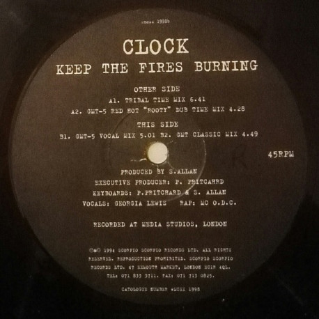 Clock (Stu Allan) - Keep The Fires Burning (Tribal Time Mix / 3 GMT Mixes) 12" Vinyl Record