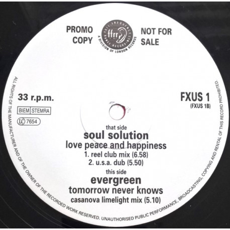 Soul Solution - Love Peace And Happiness (Reel Club Mix / Dub) / Evergreen - Tomorrow Never Knows (Casanova Limelight Mix)