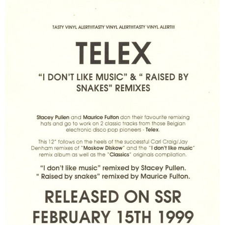 Telex - I Dont Like Music (Stacey Pullen Remix) / Raised By Snakes (Maurice Fulton Remix) Vinyl Promo