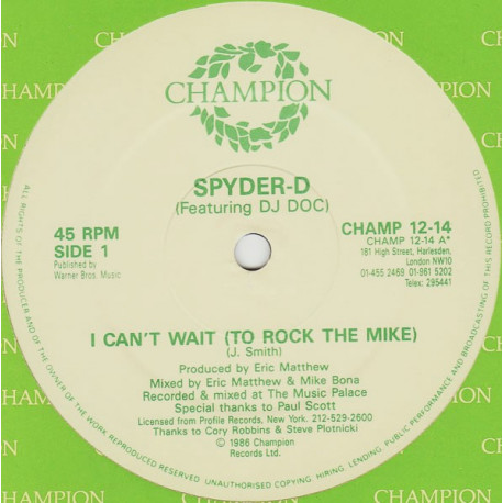 Spyder D - I Cant Wait (To Rock The Mic)  Vocal / Instrumental Mix (Rap Version Of The Nu Shooz Classic)