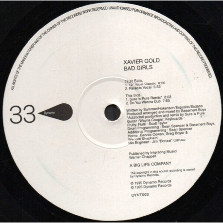Xavier Gold - Bad Girls (12" Vocal Classic / Paradox Vocal / Sure Is Pure Remix / Do You Wanna Dub)  Vinyl Promo