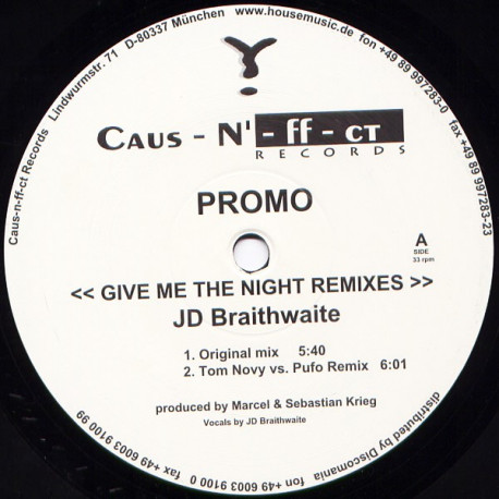 JD Braithwaite - Give Me The Night (Original / Tom Novy Mix / Eddie Amador Remix / DJ Shahrokh Remix) Vinyl Promo