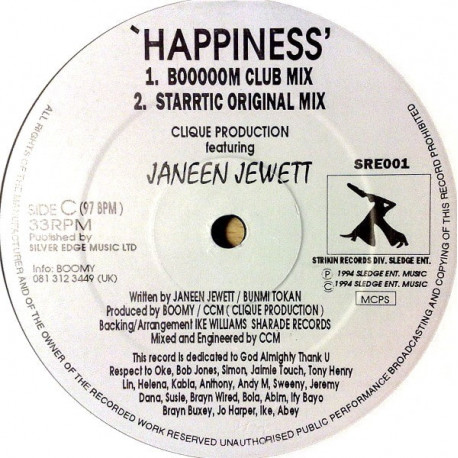 Clique Productions Feat Janeen Jewett - Happiness (Boom Club Mix / Original / Free Style Mix / Old School Mix / Thamesmead Dub)