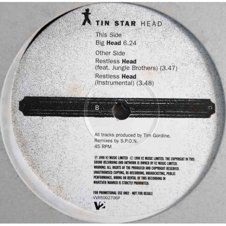Tin Star - Head (Big Head / Restless Head Feat Jungle Brothers / Restless Head Inst) Vinyl Promo