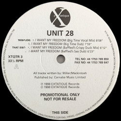 Unit 28 - I Want My Freedom (Big Time Vocal Mix / Dub / Baffled Crispy Duck Mix / Baffled Dub) Vinyl Promo