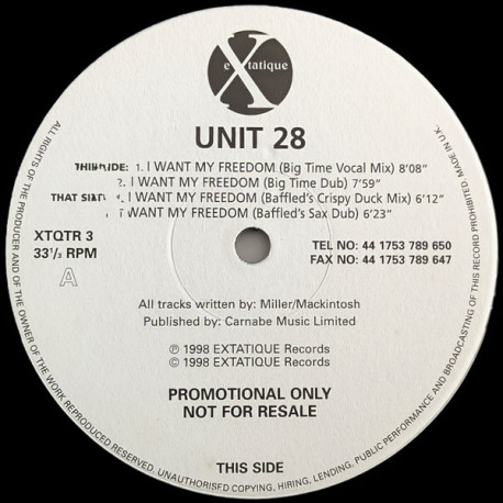 Unit 28 - I Want My Freedom (Big Time Vocal Mix / Dub / Baffled Crispy Duck Mix / Baffled Dub) Vinyl Promo