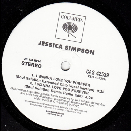 Jessica Simpson - I Wanna Love You Forever (4 Soul Solution Mixes) Vinyl Promo