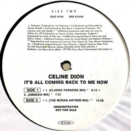 Celine Dion - Its All Coming Back To Me Now (Classic Paradise Mix / Amnesia Mix / Tony Moran Anthem Mix) Vinyl Promo