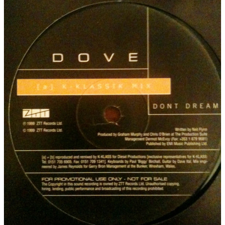 Dove - Dont Dream (K Klassik Mix / Bunker Dub) Vinyl Promo