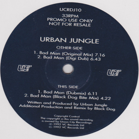 Urban Jungle - Bad Man (Original / Dub / Digidub / Black Dog Bite Mix) Vinyl Promo