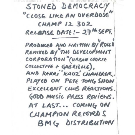 Stoned Democracy - Close (Kerri Chandler Remix / Development Corporation Mix / DC Inst / Radio Edit) Double Vinyl Promo