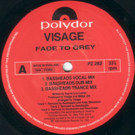 Visage - Fade To Grey (Original  / 3 Bassheads Mixes /  2 Hypnotic State Mixes) 12" Vinyl Record