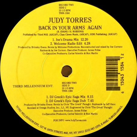 Judy Torres - Back In Your Arms Again (Doublepack Vinyl) 8 Mixes By Brinsley Evans / Eddie Baez / The Greek (SEALED)