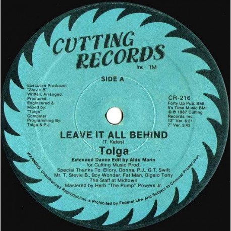 Tolga - Leave It All Behind (12" Version / 7" Version / Dub / Vocal Dub) SEALED Vinyl
