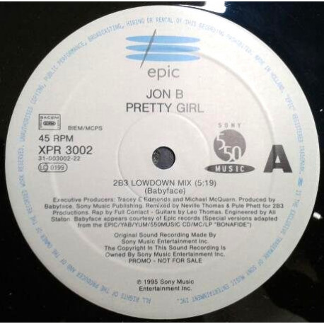 Jon B - Pretty Girl (2B3 Lowdown Mix / 2B3 Acappella / Album Edit) Vinyl Promo