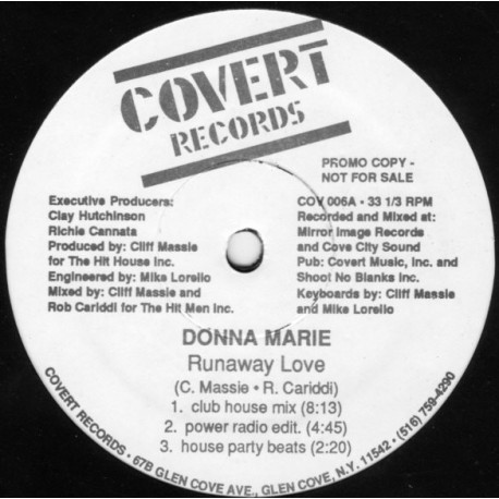 Donna Marie - Runaway Love (Club House Mix / Power Radio Edit / Beats / Latin Lover Mix / The Society Mix) Vinyl Promo