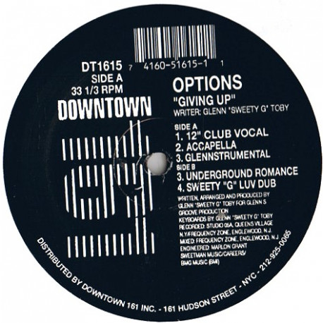 Options - Giving Up (Club Vocal / Acappella / Glennstrumental / Underground Romance / Sweety G Luv Dub)
