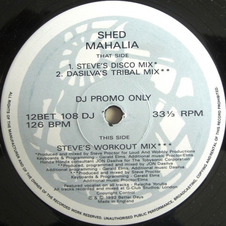 Shed - Mahalia (Steve Proctor Disco Mix / Steves Workout Mix / Dasilvas Tribal Mix) Vinyl Promo