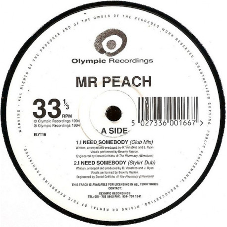 Mr Peach - I Need Somebody (Club Mix / Stylin Dub / Hard Vocal / Manic Dub / Magic Dub)