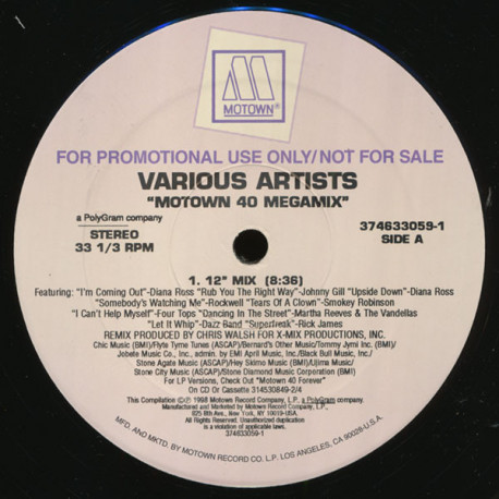 Motown 40 Megamix - 3 Mix Promo Feat Diana Ross / Rockwell / Rick James / Four Tops / Smokey / Martha Reeves / Dazz Band