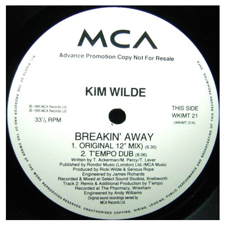 Kim Wilde - Breakin Away (Original / TEmpo Vocal / TEmpo Dub / Radio Mix) Vinyl Promo (Corner Cut)