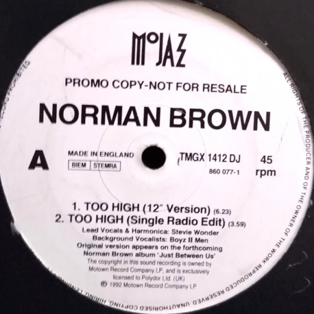 Norman Brown - Too High (12" Version / Radio Edit / Boyz II Men Mix) Vinyl Promo